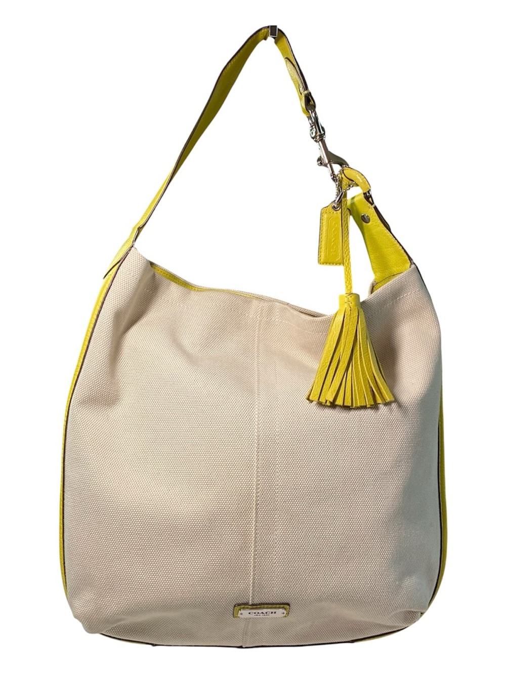 Coach Avery Hobo Bag Beige Canvas Chartreuse Leather 2013-2014 13”x13”
Boho
